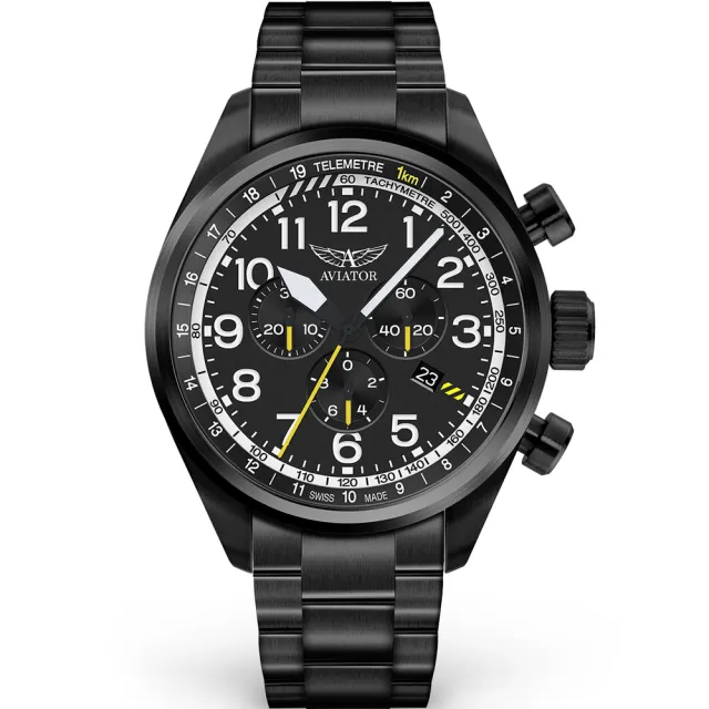 【AVIATOR 飛行員】AIRACOBRA P45 飛行風格計時腕錶 男錶 手錶 黑色(V.2.25.5.169.5)