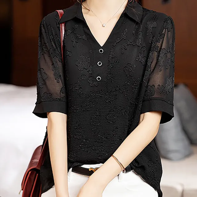 【麗質達人】1382黑色綉花上衣-AA(S-4XL)