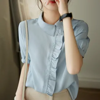 【MsMore】藍色短袖優雅女人味甜美木耳邊萊賽爾感襯衫短版上衣#121485(藍)