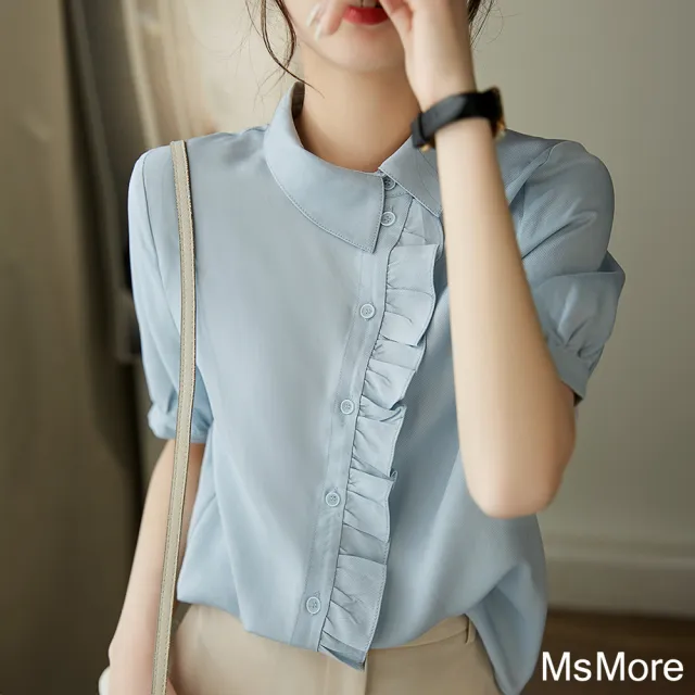 【MsMore】藍色短袖優雅女人味甜美木耳邊萊賽爾感襯衫短版上衣#121485(9款任選)