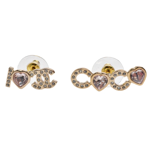 CHANEL 香奈兒 經典我愛COCO雙C LOGO不對稱造型穿式耳環(粉/金色AB8202-PK-OR)