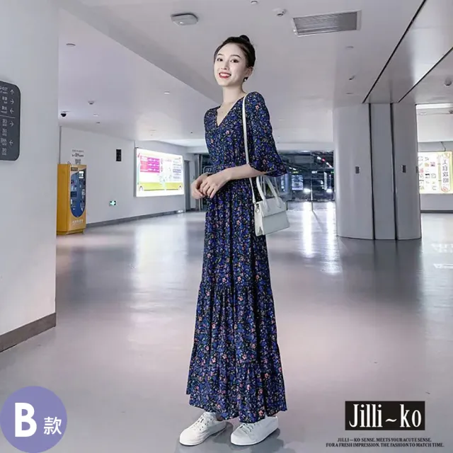 【JILLI-KO】赫本風拼接碎花長裙洋裝連衣裙-M/L/XL(多款任選)