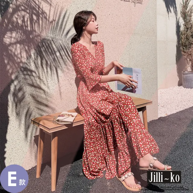 【JILLI-KO】赫本風拼接碎花長裙洋裝連衣裙-M/L/XL(多款任選)