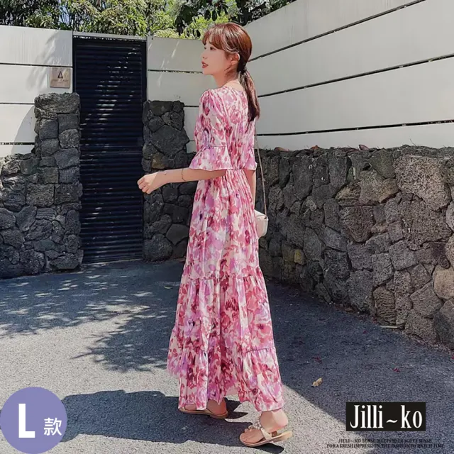 【JILLI-KO】赫本風拼接碎花長裙洋裝連衣裙-M/L/XL(多款任選)