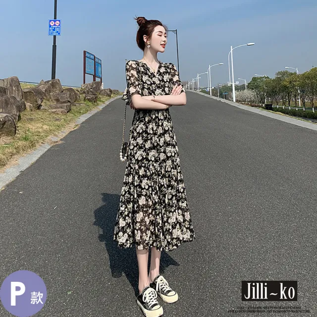 【JILLI-KO】赫本風拼接碎花長裙洋裝連衣裙-M/L/XL(多款任選)