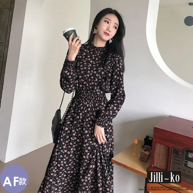 【JILLI-KO】赫本風拼接碎花長裙洋裝連衣裙-M/L/XL(多款任選)