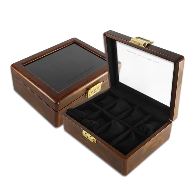 手錶收藏盒 8格手錶收藏盒 方型扣鎖 金絲柚木 腕錶收藏盒 實木質感 - 棕x黑色(854-A08-LLWB816-BK)