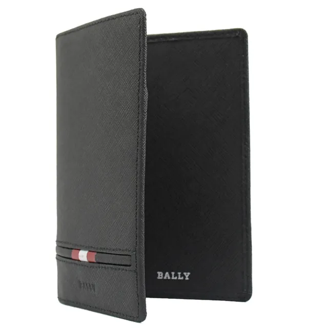 【BALLY】簡約LOGO紅白紅條紋小牛皮信用卡證件對折護照夾(黑)