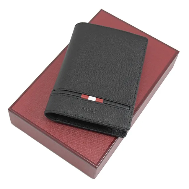 【BALLY】簡約LOGO紅白紅條紋小牛皮信用卡證件對折護照夾(黑)
