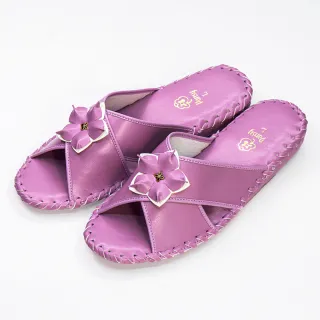 【PANSY】花朵款 女士手工防滑舒適柔軟皮革室內拖鞋 桃色 室內鞋 拖鞋 防滑拖鞋(9500)