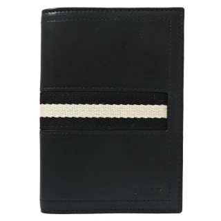 【BALLY】TREVOR 簡約烙印LOGO黑白黑織帶條紋小牛皮對折護照夾(黑)