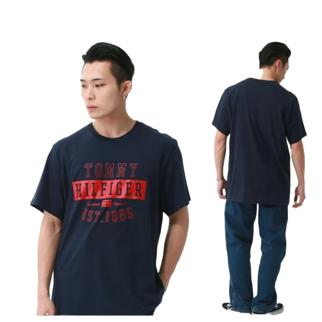 【Tommy Hilfiger】圓領男士 純棉休閒 印刷LOGO 短袖T恤 深藍色(美國進口平行輸入)