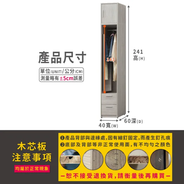 【ASSARI】迪奧1.3尺加高衣櫃(寬40x深60x高241cm)