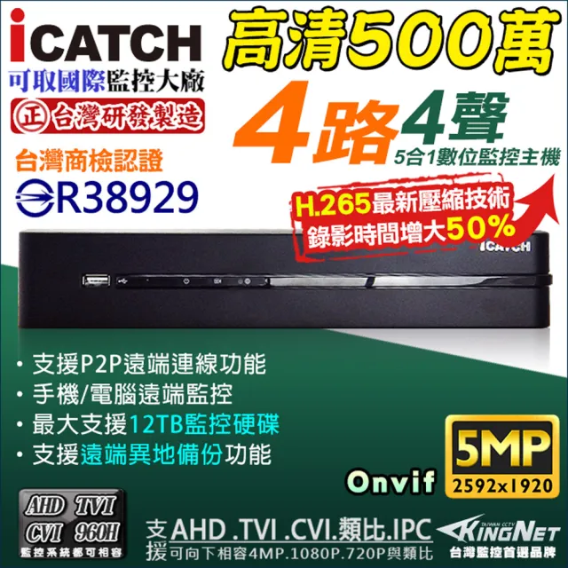 【KINGNET】監視器 4路主機 H.265 5MP 500萬 DVR(icatch 可取 台灣製)