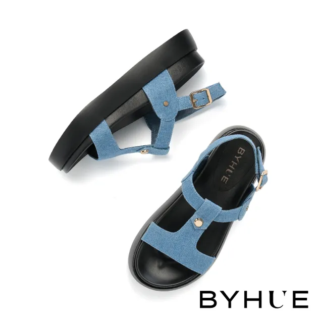 【BYHUE】率性休閒工字寬帶牛仔布厚底涼鞋(藍)