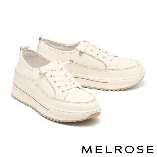 【MELROSE】美樂斯 簡約日常閃鑽彈性鞋帶牛皮厚底休閒鞋(白)