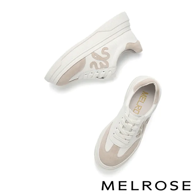 【MELROSE】美樂斯 質感俏皮 LOGO牛皮綁帶厚底休閒鞋(米)