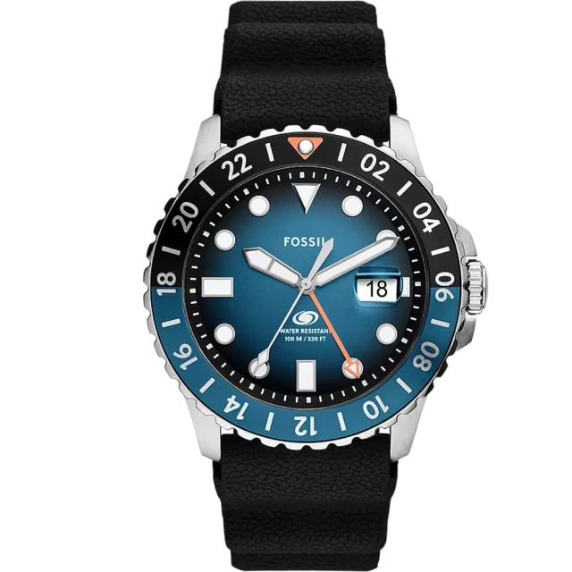 FOSSIL Blue 漸層藍海GMT手錶 黑色矽膠錶帶 46MM(FS6049)
