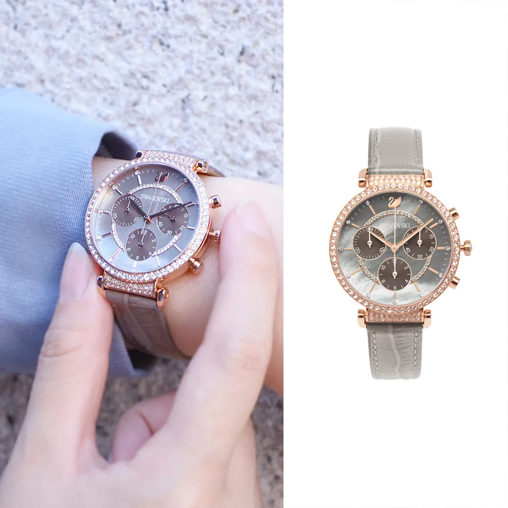 【SWAROVSKI 施華洛世奇】PASSAGE CHRONO 灰色三眼計時皮革錶帶腕錶 手錶 女錶 母親節(5580348)