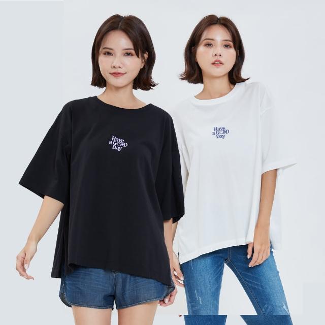 【5th STREET】女裝 短t 短袖 上衣 t恤 TEE HAVEGOODDAY 繡花 Oversize 黑色 白色 藍(5A7005)