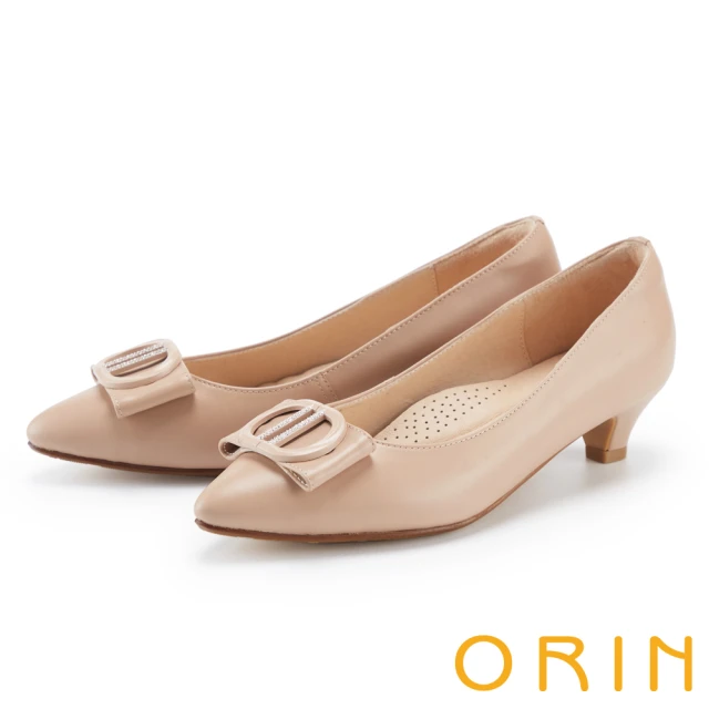 ORIN 水鑽造型釦真皮尖頭高跟鞋(裸色)