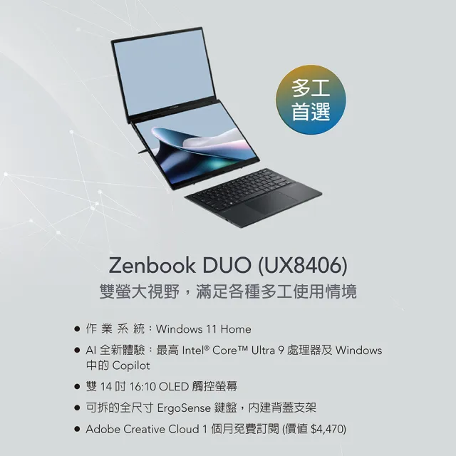 【ASUS 華碩】14吋Ultra 9輕薄筆電(ZenBook Duo UX8406MA/Ultra 9-185H/32G/1TB SSD/W11/EVO/OLED)