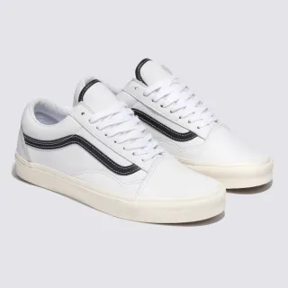 【VANS 官方旗艦】Old Skool 男女款白色/黑色條紋皮革鞋面滑板鞋