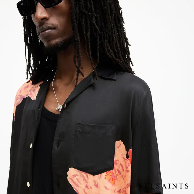 【ALLSAINTS】ROZE 人造絲寬鬆短袖夏威夷花卉印花襯衫-黑 M033SA(舒適版型)