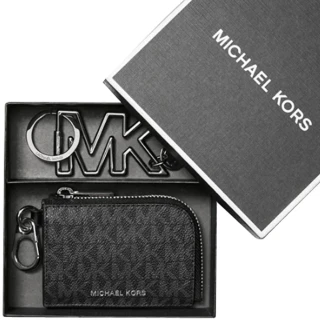 【Michael Kors】黑灰PVC滿版LOGO拉鍊卡夾/零錢包+Logo鑰匙圈禮盒