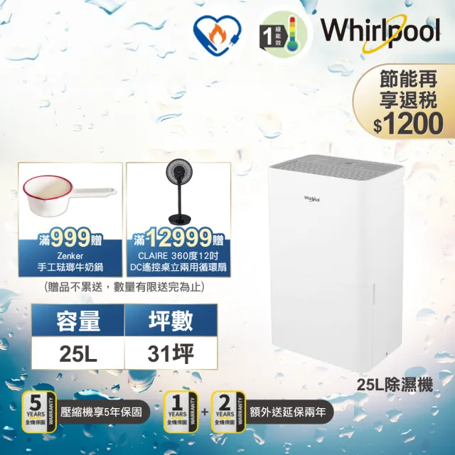 【Whirlpool 惠而浦】ㄧ級能效25公升第六感智能除濕機WDEE25TW(貨物稅減免$1200)