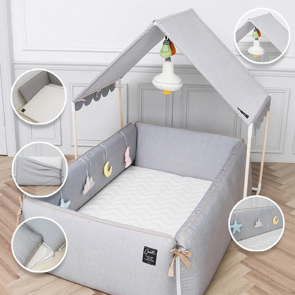 【gunite】多功能落地式沙發嬰兒床/陪睡床0-6歲六件組 床墊+床圍+止滑墊+床邊吊飾+屋頂+燈泡吊飾(北歐灰)