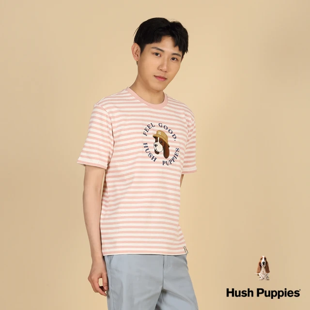 Hush Puppies 男裝 上衣 配色橫條紋Q版刺繡漁夫帽狗短袖上衣(粉紅 / 43110204)