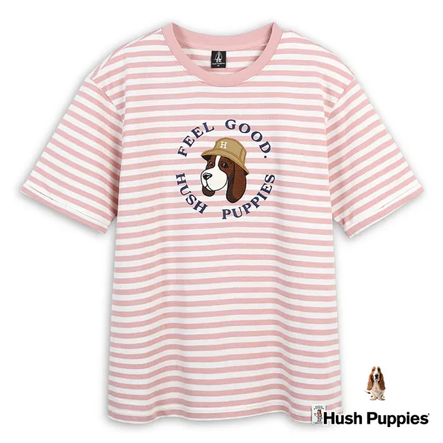 【Hush Puppies】男裝 上衣 配色橫條紋Q版刺繡漁夫帽狗短袖上衣(粉紅 / 43110204)