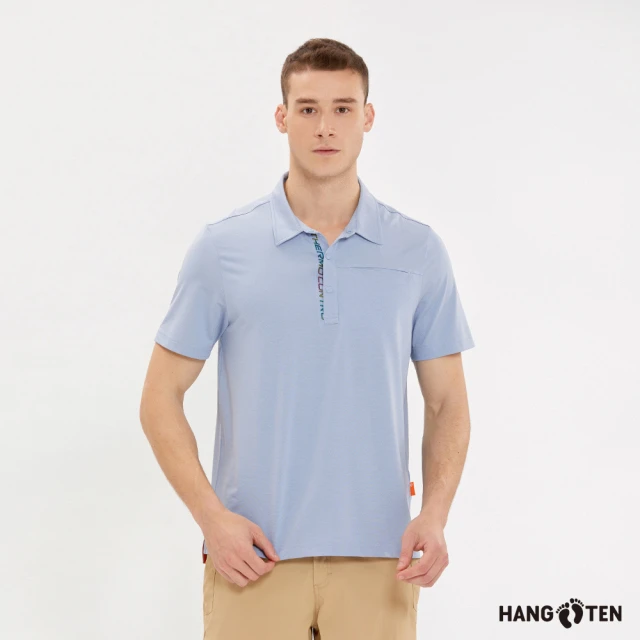 Hang Ten 男裝-恆溫多功能-涼感鋁點3M吸濕快乾抗臭口袋短袖POLO衫(粉藍花紗)