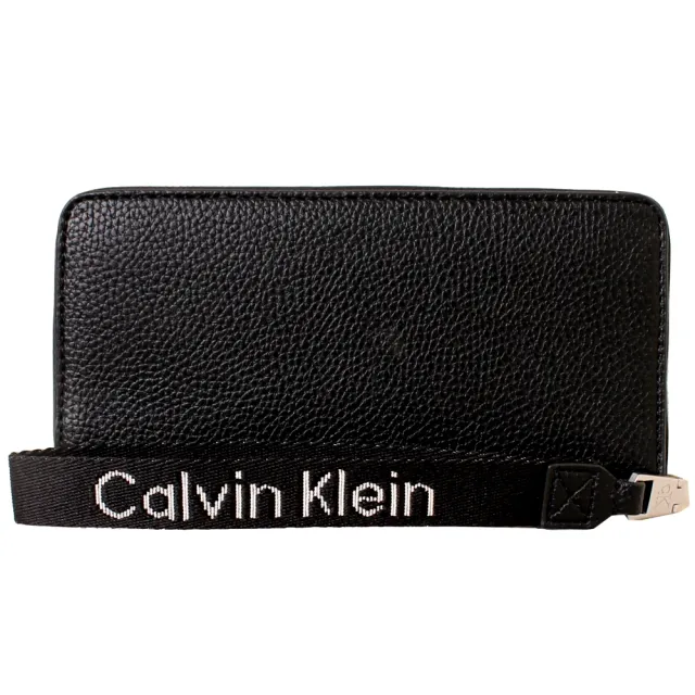 【Calvin Klein 凱文克萊】CK壓印LOGO荔枝皮革腕帶拉鍊8卡長夾(經典黑)