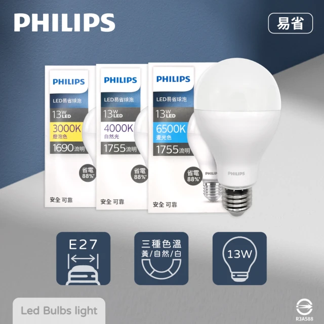 Philips 飛利浦 8入組 易省 LED燈泡 13W E27 全電壓 LED 球泡燈(2024年最新款)