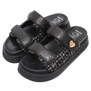 【Ann’S】HELLO KITTY X Ann’S進階厚底涼鞋2.0!雙帶滿版烙印異材質拼接涼拖鞋4.5cm(黑)