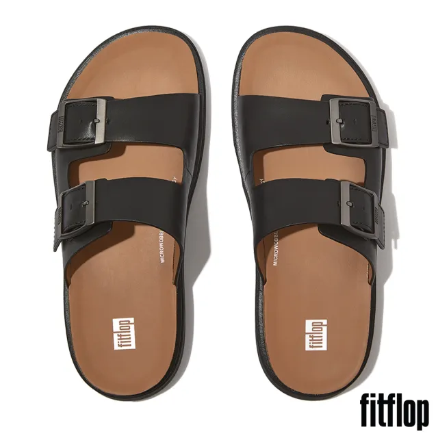 【FitFlop】GEN-FF 金屬扣環調整式雙帶皮革涼鞋-男(黑色)