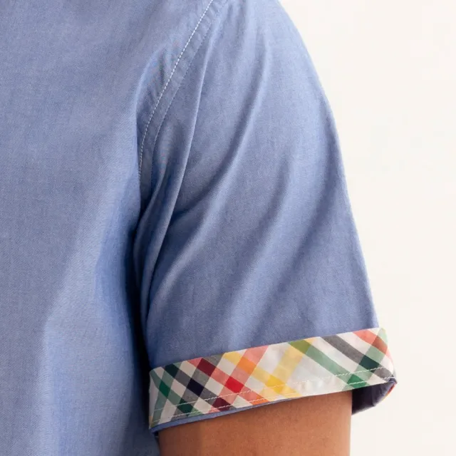 【Arnold Palmer 雨傘】男裝-經典格紋滾邊短袖襯衫(藍色)