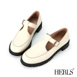 【HERLS】瑪莉珍鞋-全真皮圓頭T字瑪莉珍厚底鞋(米白色)