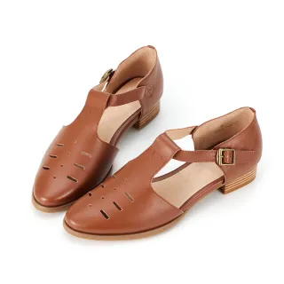 【HERLS】瑪莉珍鞋-全真皮沖孔鏤空T字瑪莉珍低跟鞋(棕色)