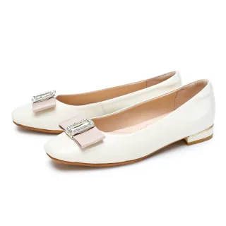 【MAGY】鑽釦蝴蝶結真皮方頭平底鞋(米色)