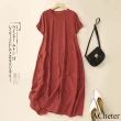 【ACheter】文藝拼接圓領短袖連身裙冰絲緹花氣質長版洋裝#121452(紅/藏青)