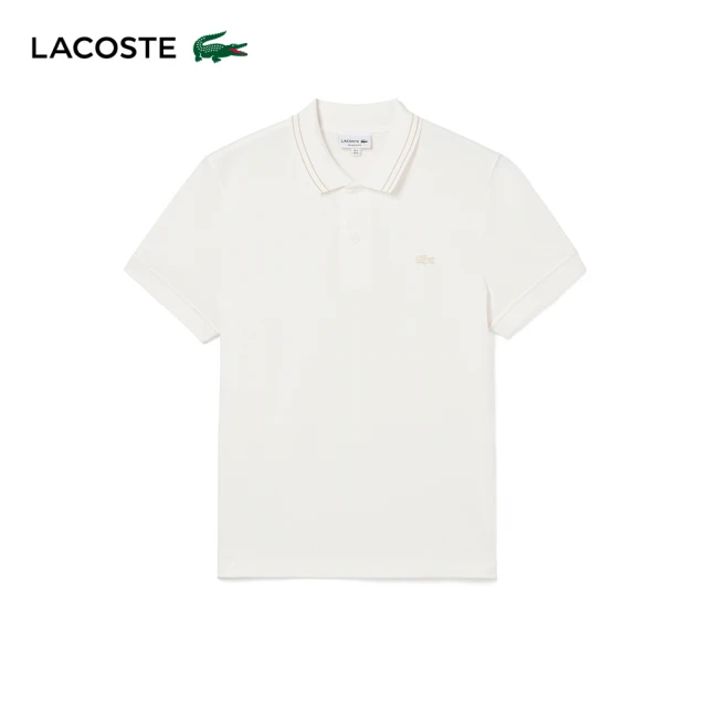 LACOSTE 男裝-常規版型條紋領彈力網眼布Polo衫(白色)