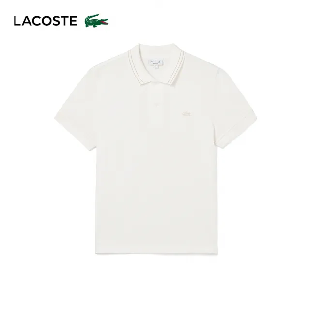 【LACOSTE】男裝-常規版型條紋領彈力網眼布Polo衫(白色)