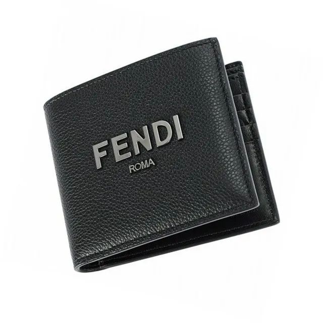 【FENDI 芬迪】7M0169 經典素面荔枝牛皮對開錢包短夾(黑色)