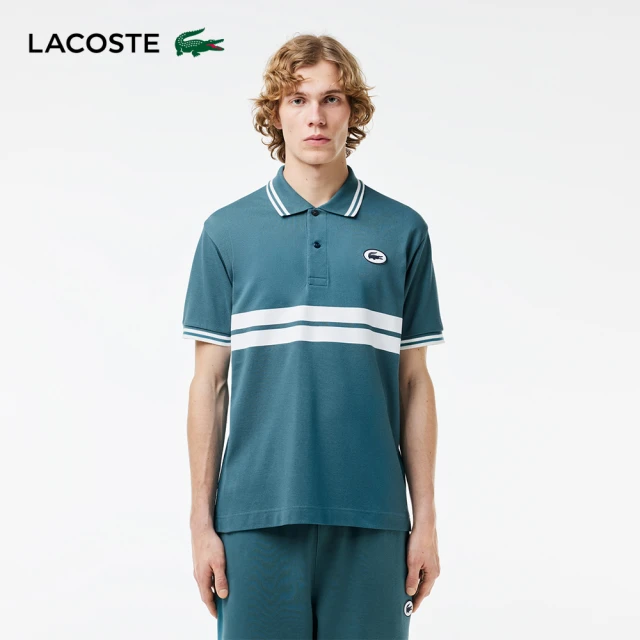 LACOSTE 男裝-原創L.12.12徽章條紋短袖Polo衫(藍綠色)