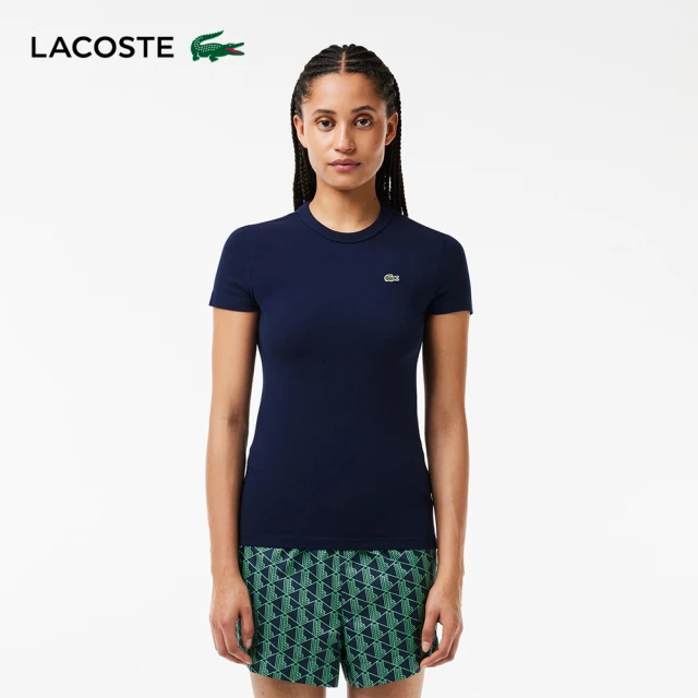 LACOSTE 母親節首選女裝-修身彈性素色短袖T恤(海軍藍)