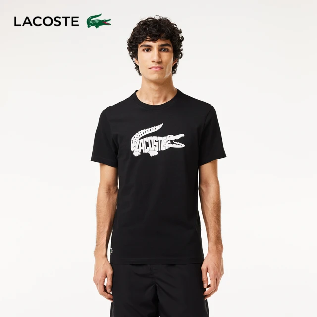 LACOSTE 男裝-運動快乾鱷魚紋印花短袖T恤(黑色)
