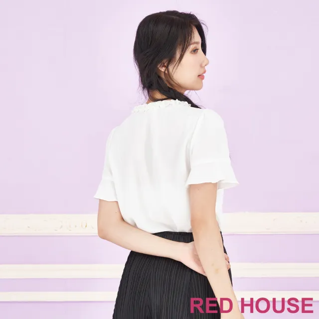 【RED HOUSE 蕾赫斯】奶油花邊壓褶雪紡上衣(白色)